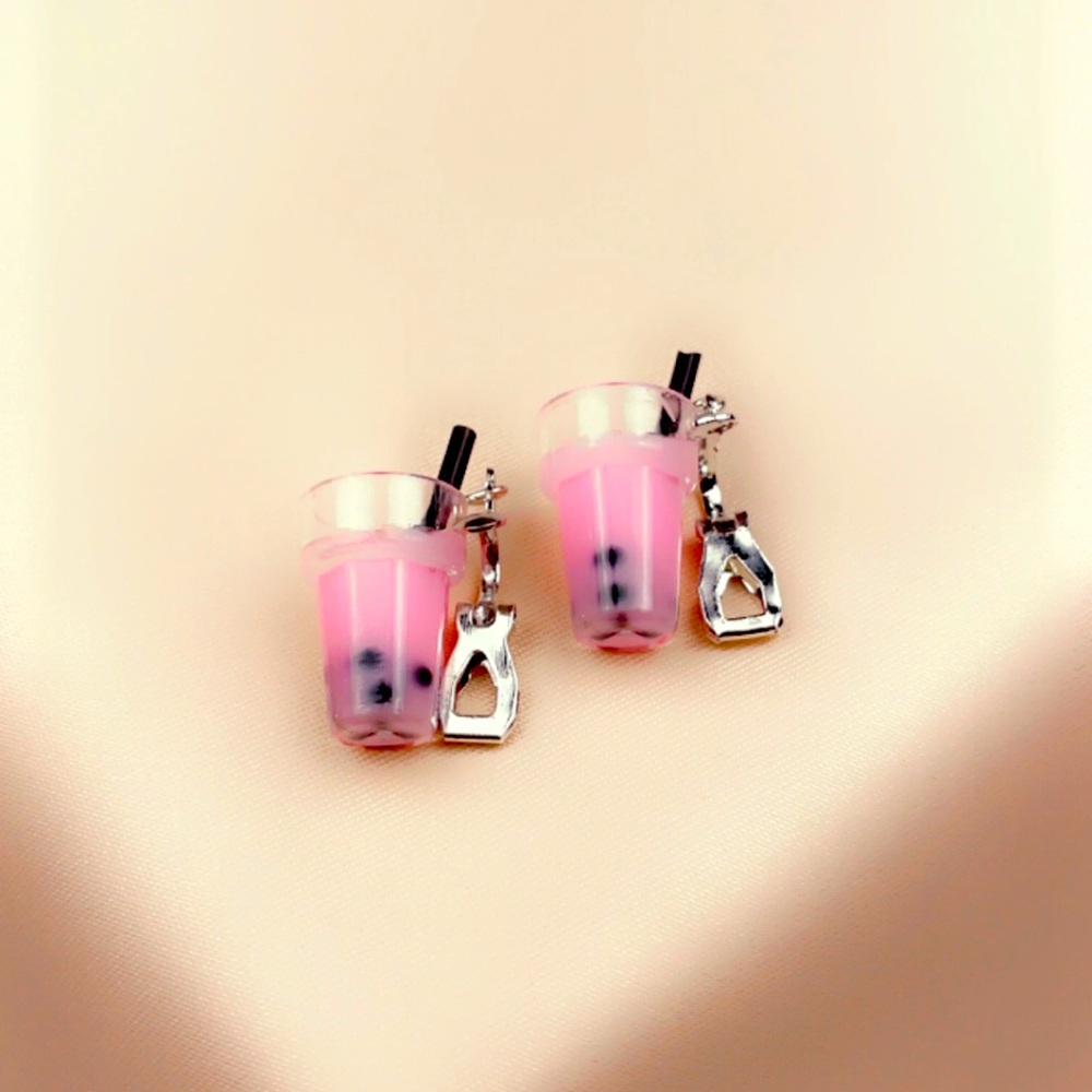 Pink bubble tea earrings